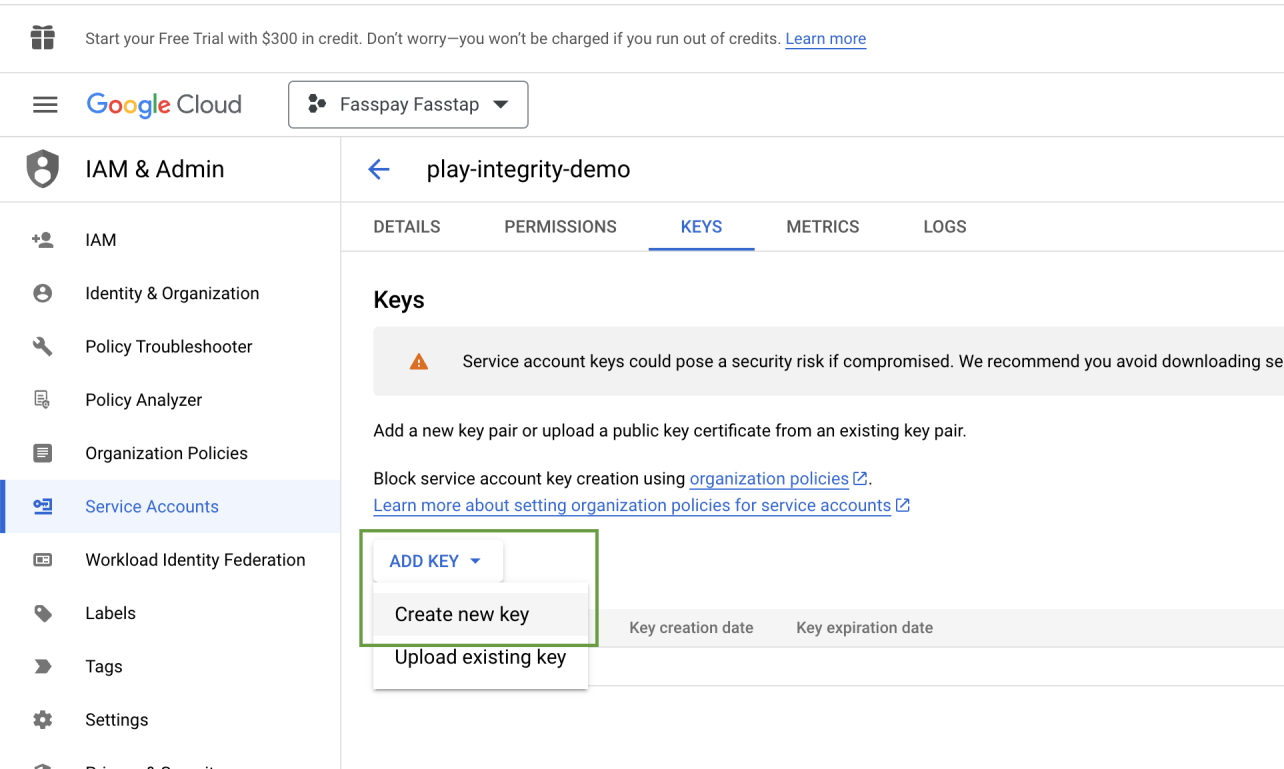 "Keys" tab — "Add Key" button