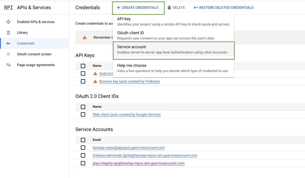 Google Cloud Console — Service Accounts page, "Create Service Account" button