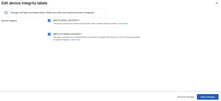 Device Integrity checkboxes