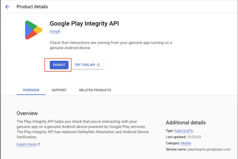 Google Play Integrity API product page — Enable button