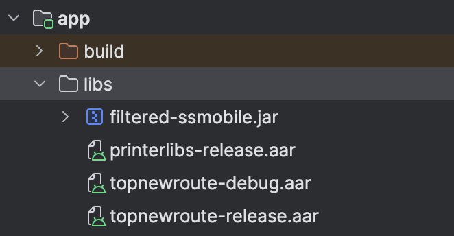 Android Studio project view showing the AARs under app/libs