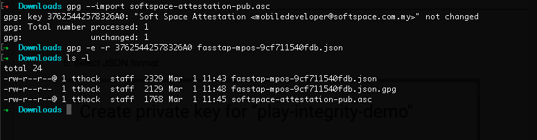 Terminal output of gpg importing the key and encrypting a credential file
