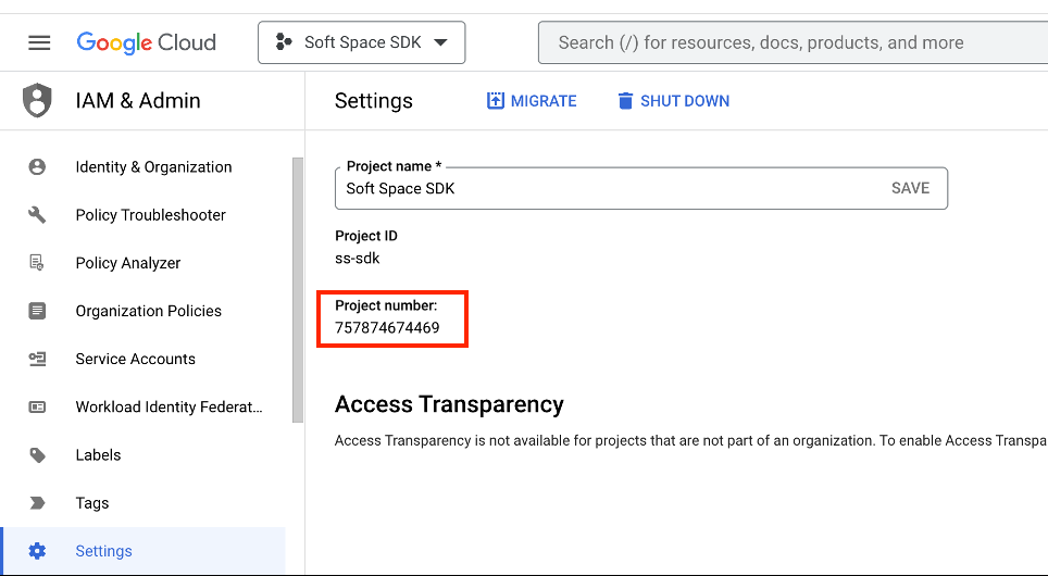 Google Cloud Console — IAM &amp; Admin Settings page showing the Project number field
