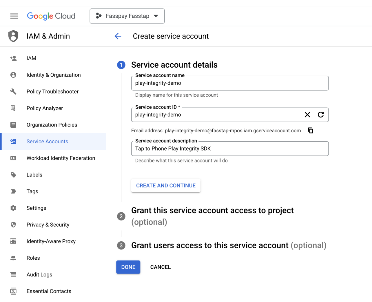 Service account creation form