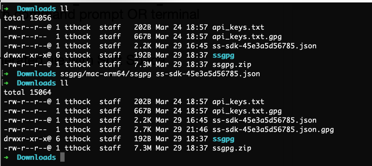 Terminal output of ssgpg encrypting a credential file